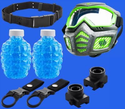 A collection of safety gear including goggles, a helmet, a belt, and a gel blaster mask with various accessories.