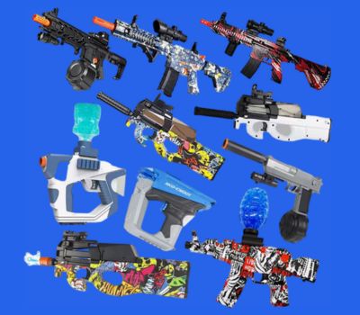 A variety of gel blasters displayed against a blue background, showcasing different styles and designs of the guns.