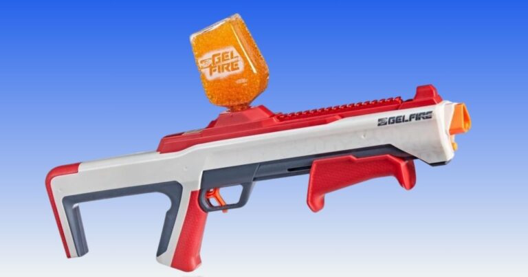 A Nerf gel blaster toy gun featuring a vibrant red and white handle, designed for safe and fun play.