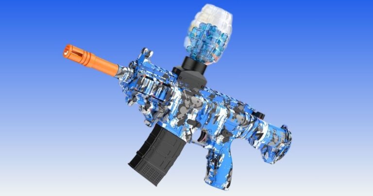 MSMV Electric gel blaster gun in blue and white, adorned with a striking blue and orange paint design.