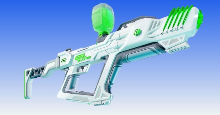 The Original Supersized Gel Blaster Surge XL in white and green, illuminated by a striking green light.